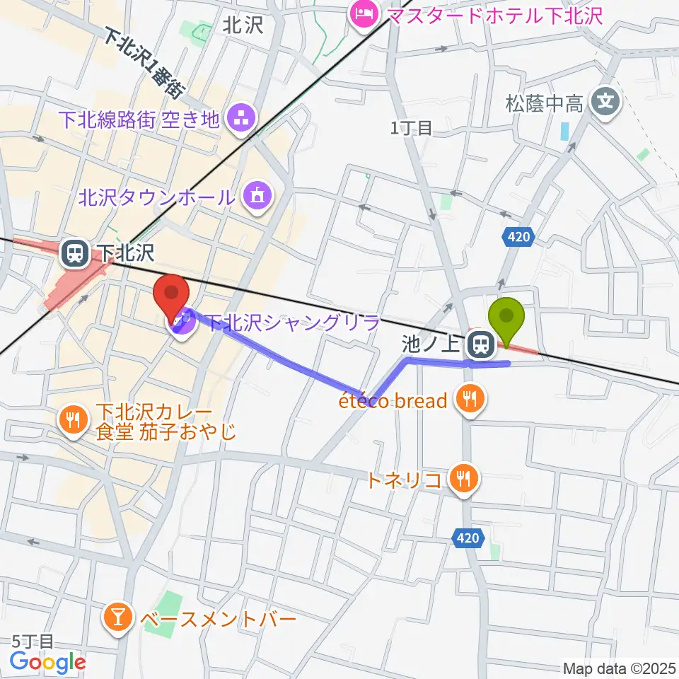 池ノ上駅からフラッシュ・ディスク・ランチへのルートマップ地図
