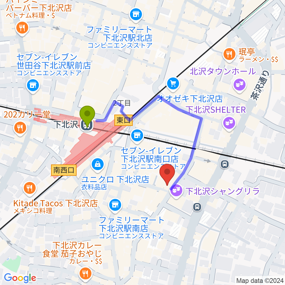 フラッシュ・ディスク・ランチの最寄駅下北沢駅からの徒歩ルート（約3分）地図