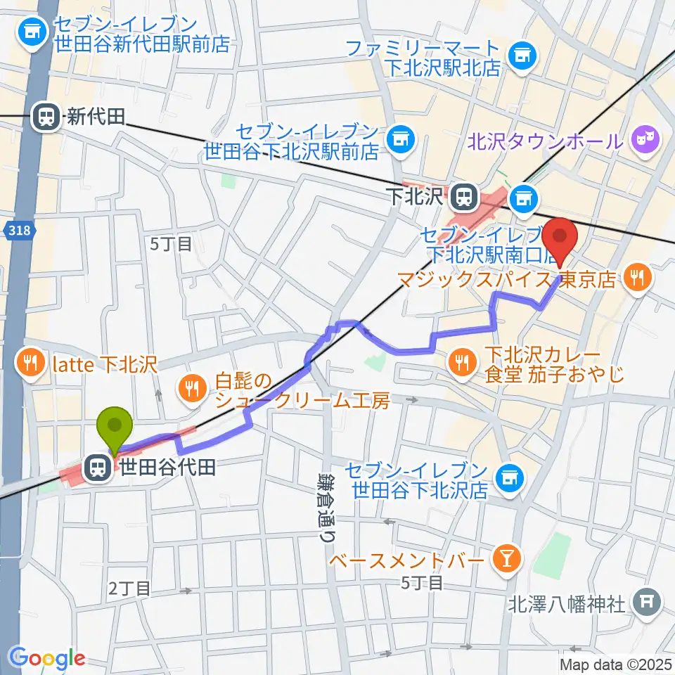 世田谷代田駅からフラッシュ・ディスク・ランチへのルートマップ地図