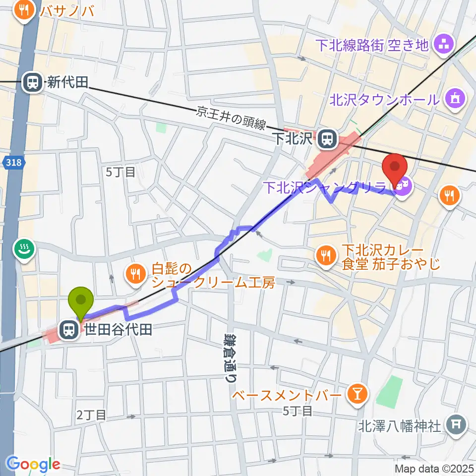 世田谷代田駅からフラッシュ・ディスク・ランチへのルートマップ地図