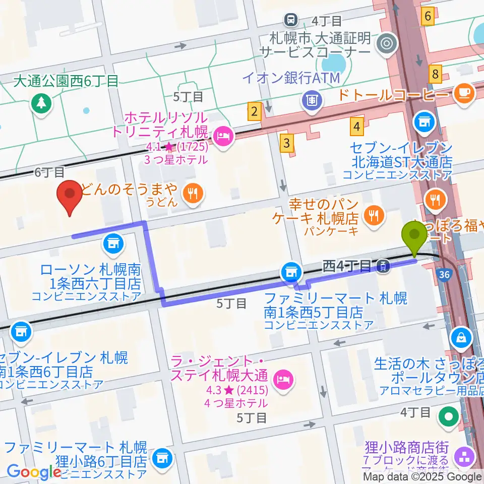 西４丁目駅から札幌ザ・ルーテルホールへのルートマップ地図