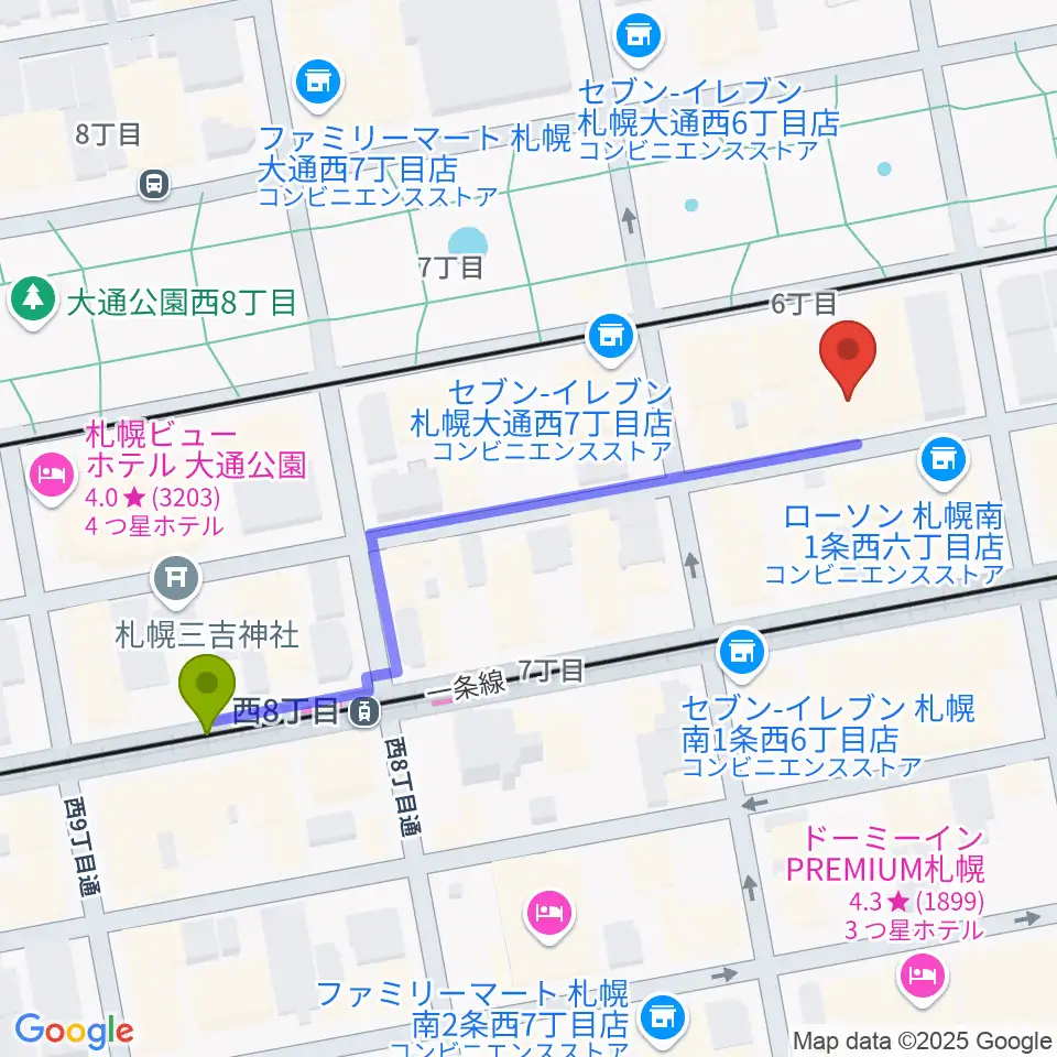 札幌ザ・ルーテルホールの最寄駅西８丁目駅からの徒歩ルート（約5分）地図