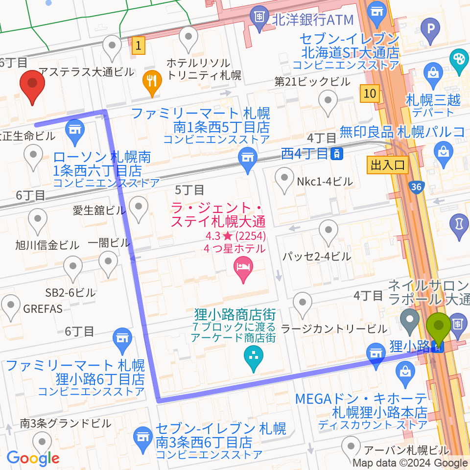 狸小路駅から札幌ザ・ルーテルホールへのルートマップ地図