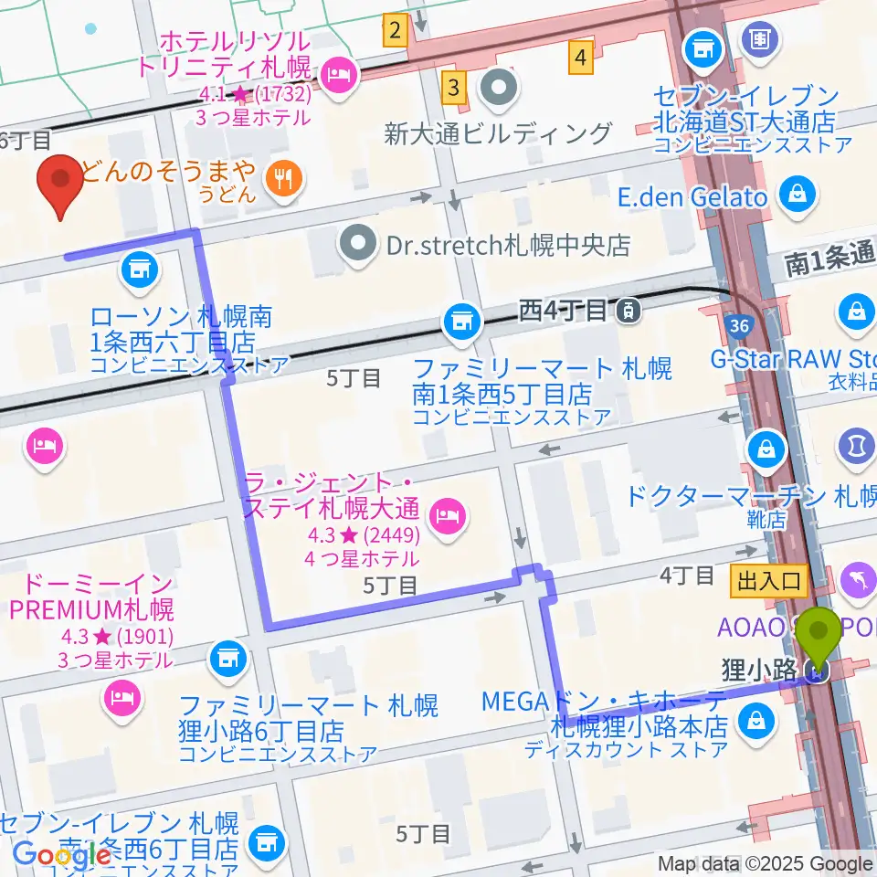 狸小路駅から札幌ザ・ルーテルホールへのルートマップ地図
