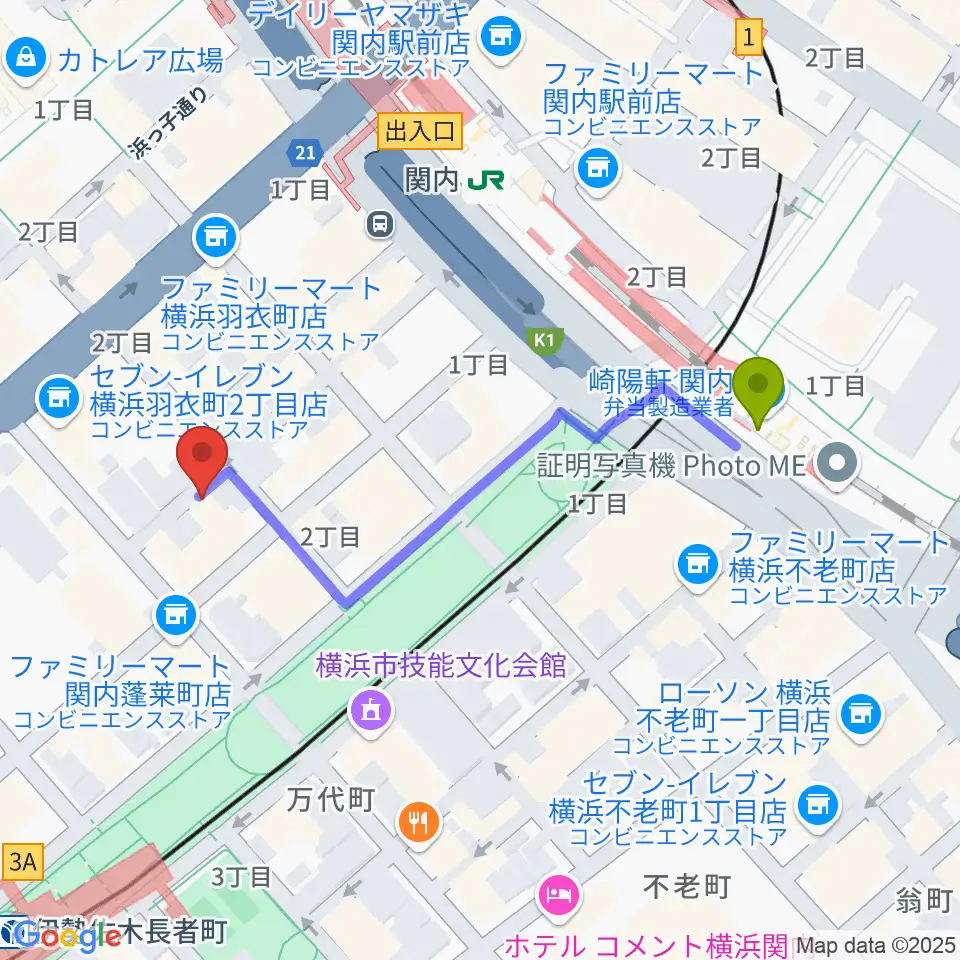 関内駅から横浜バロック関内サロンへのルートマップ地図