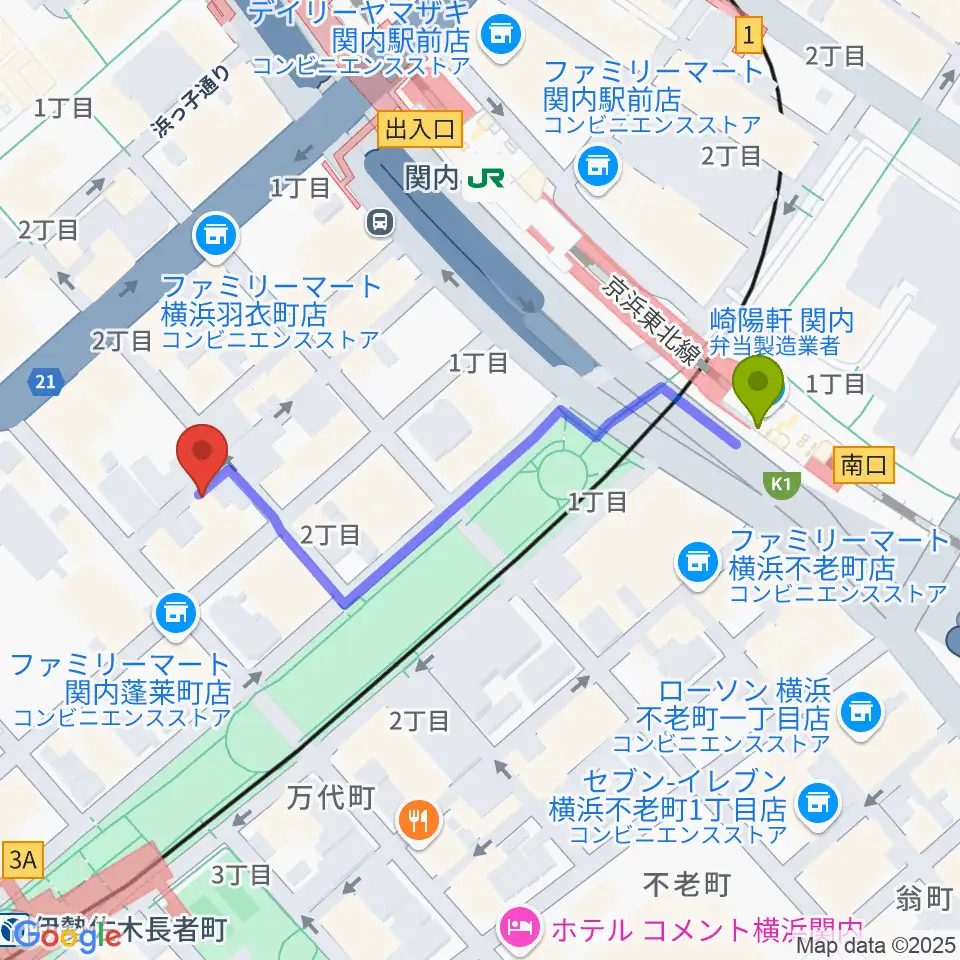 関内駅から横浜バロック関内サロンへのルートマップ地図
