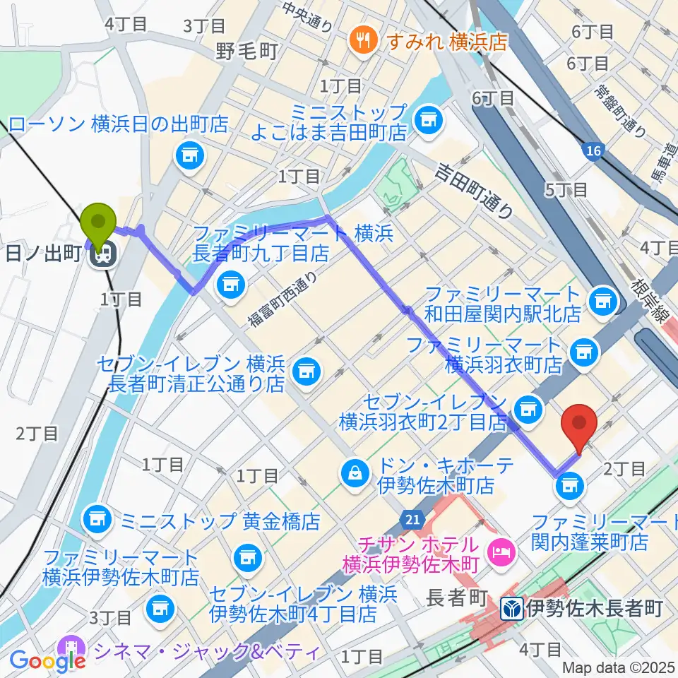 日ノ出町駅から横浜バロック関内サロンへのルートマップ地図