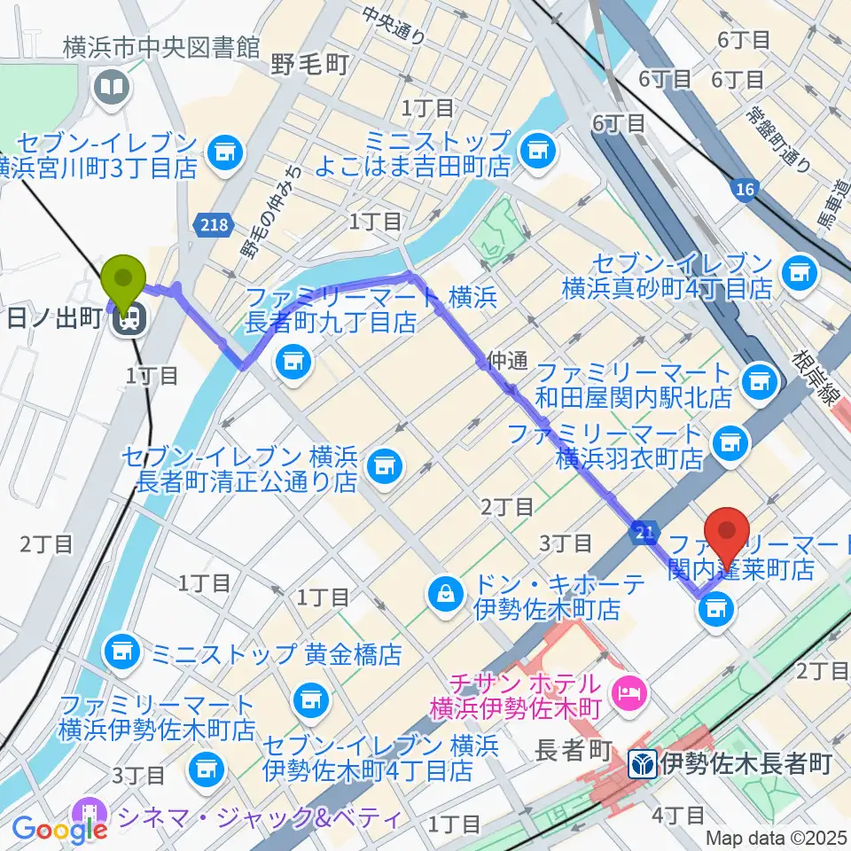 日ノ出町駅から横浜バロック関内サロンへのルートマップ地図