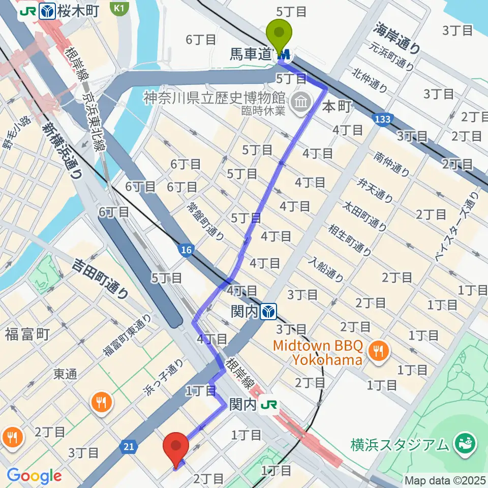 馬車道駅から横浜バロック関内サロンへのルートマップ地図
