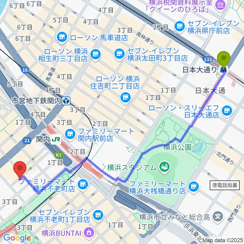 日本大通り駅から横浜バロック関内サロンへのルートマップ地図