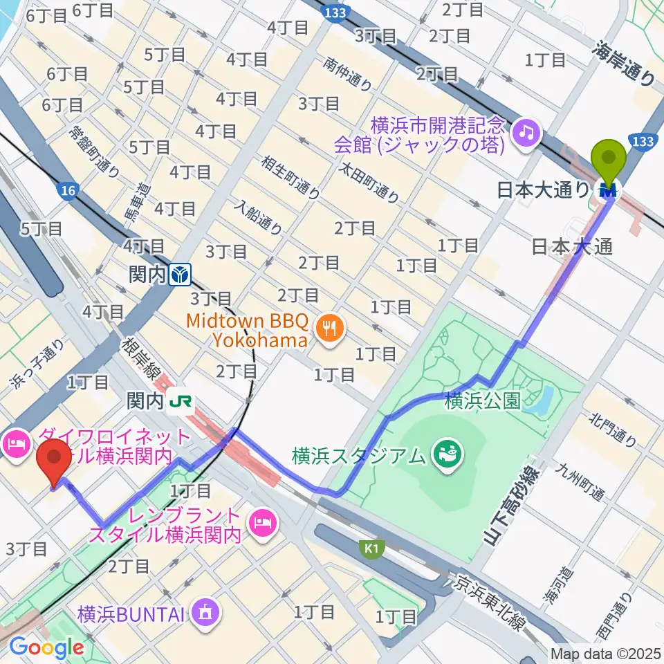 日本大通り駅から横浜バロック関内サロンへのルートマップ地図