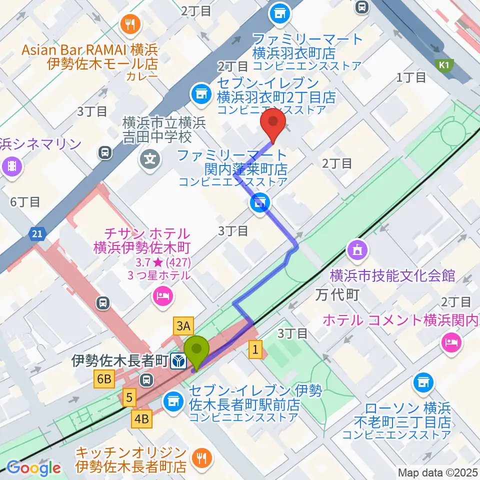 横浜バロック関内サロンの最寄駅伊勢佐木長者町駅からの徒歩ルート（約4分）地図