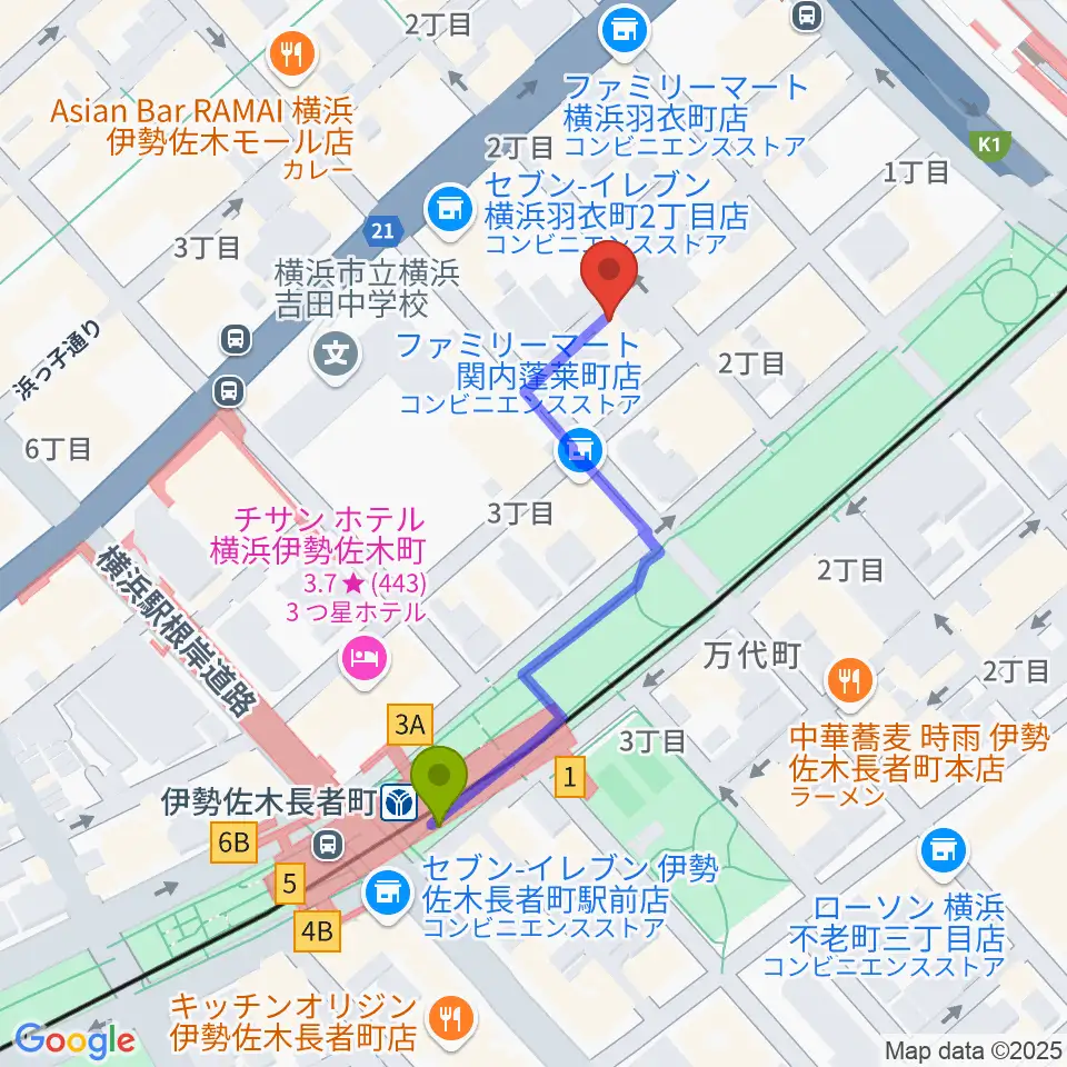 横浜バロック関内サロンの最寄駅伊勢佐木長者町駅からの徒歩ルート（約4分）地図