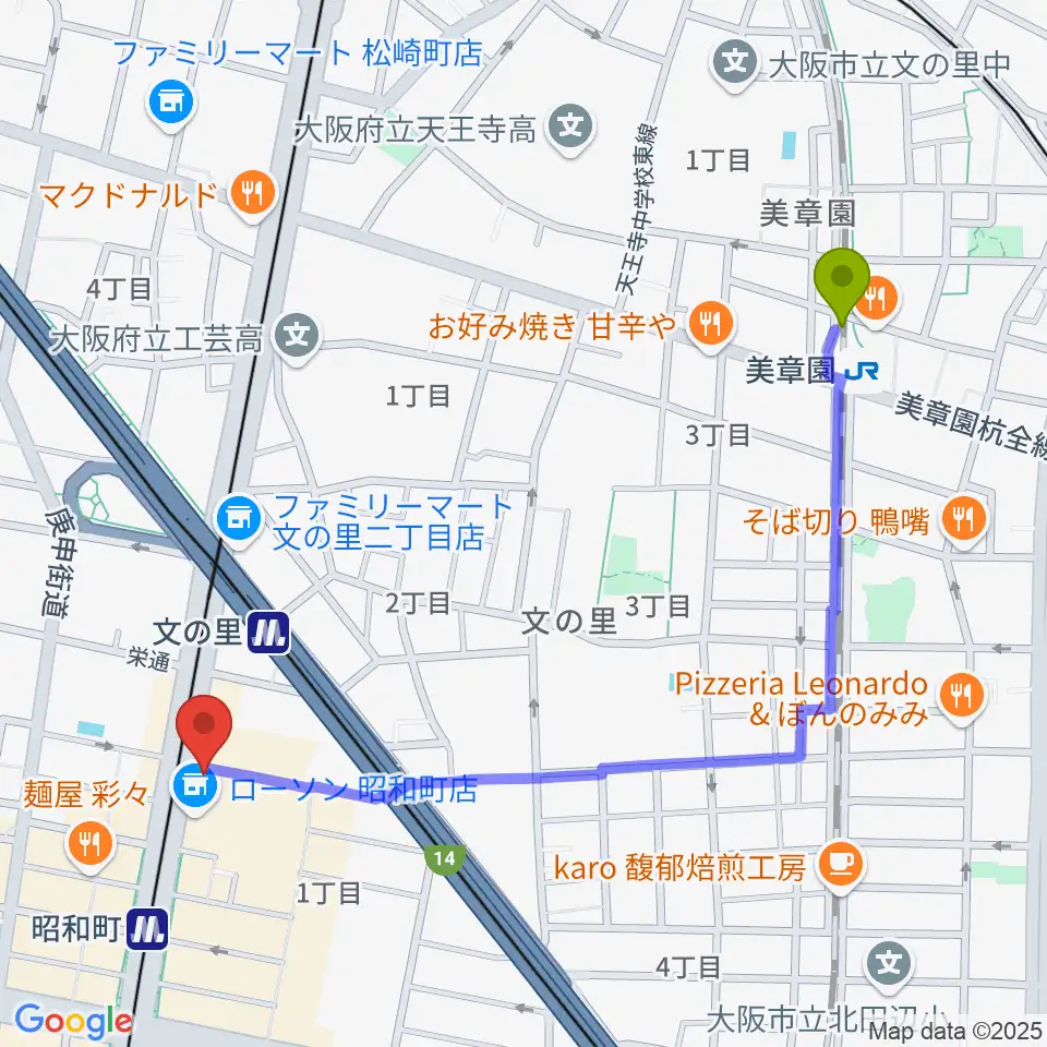 美章園駅から昭和町ダッチへのルートマップ地図