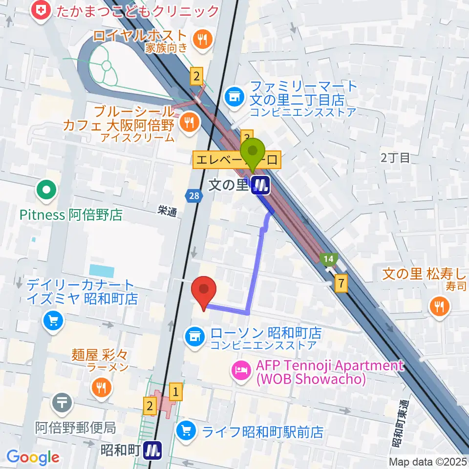 文の里駅から昭和町ダッチへのルートマップ地図