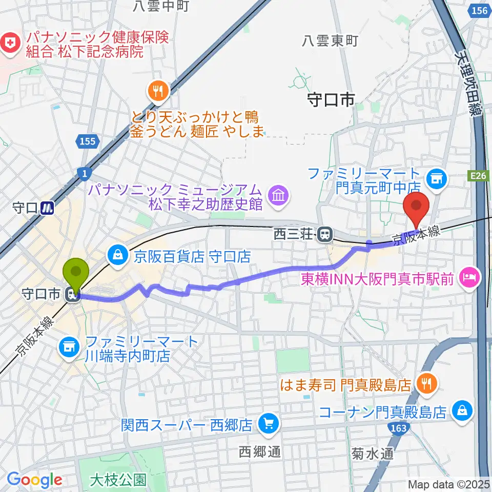 守口市駅からグランスタジオへのルートマップ地図