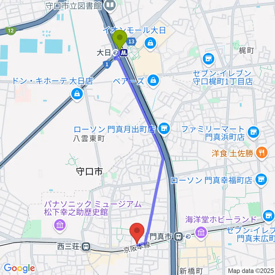 大日駅からグランスタジオへのルートマップ地図