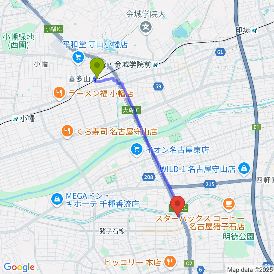喜多山駅から安達チェンバロ工房へのルートマップ地図
