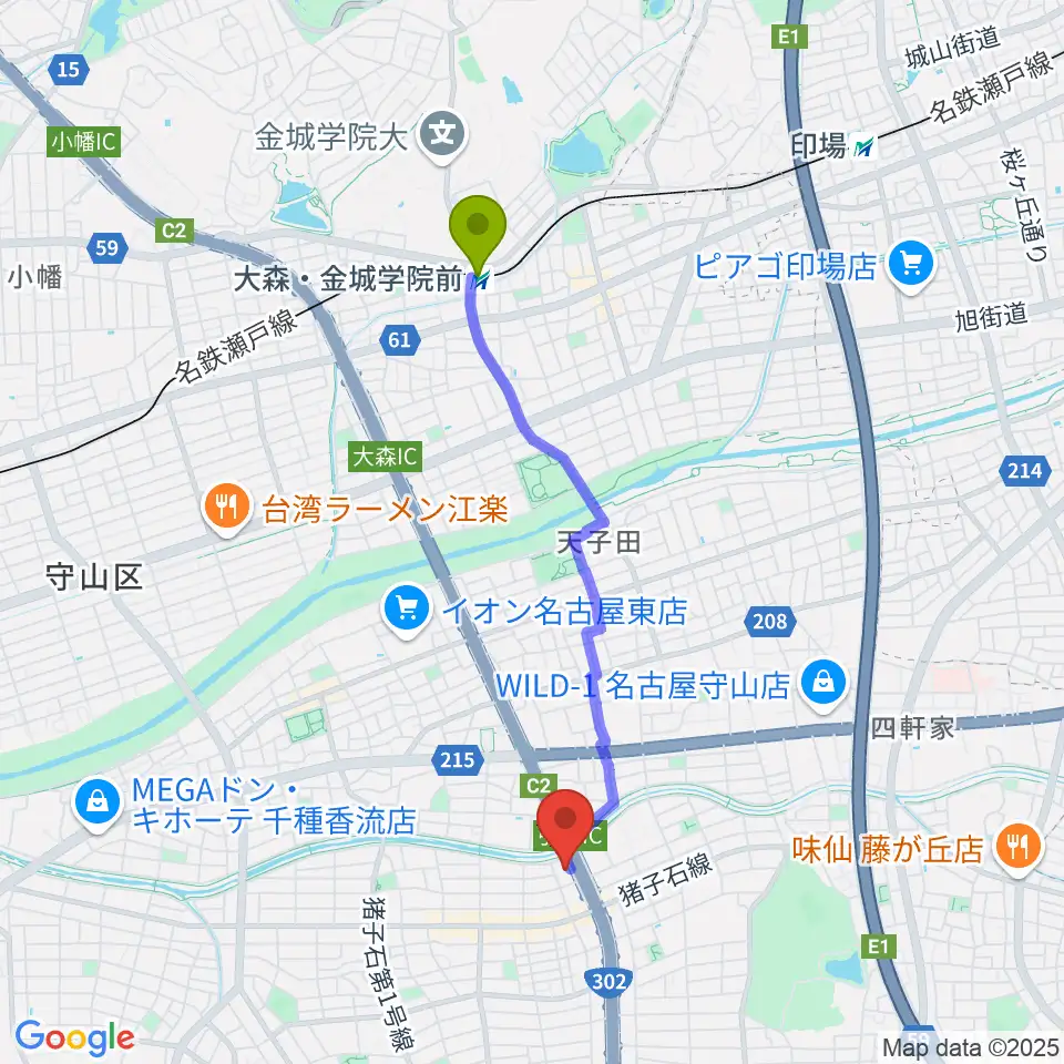 大森・金城学院前駅から安達チェンバロ工房へのルートマップ地図