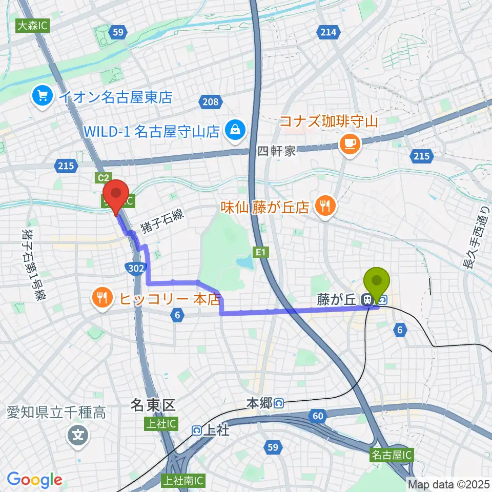 藤が丘駅から安達チェンバロ工房へのルートマップ地図