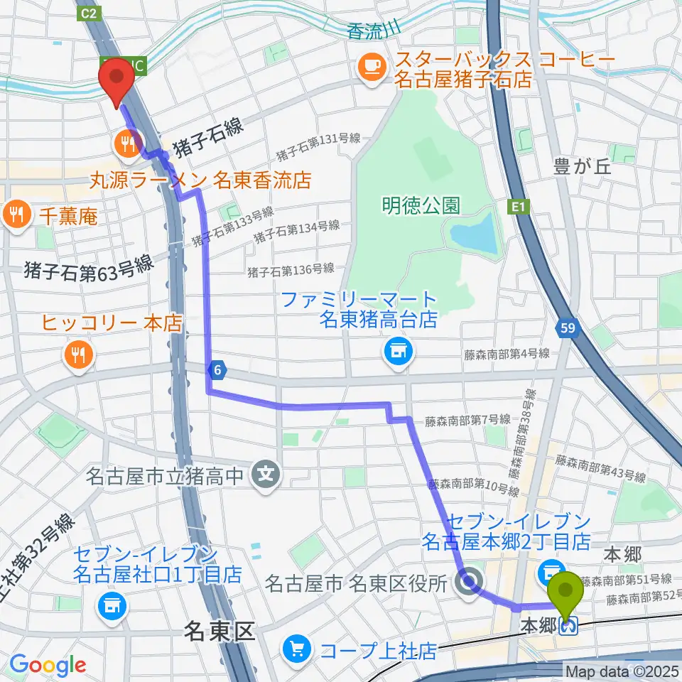 本郷駅から安達チェンバロ工房へのルートマップ地図
