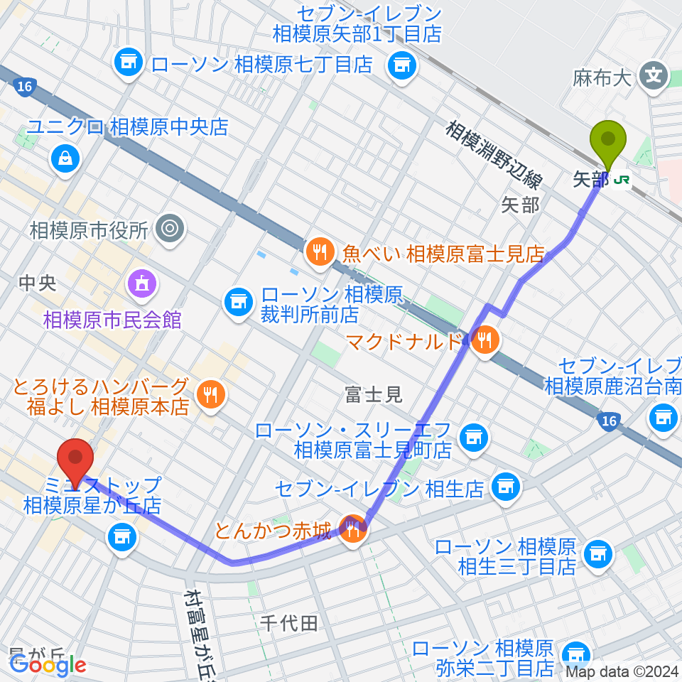 矢部駅から相模原メイプルホールへのルートマップ地図