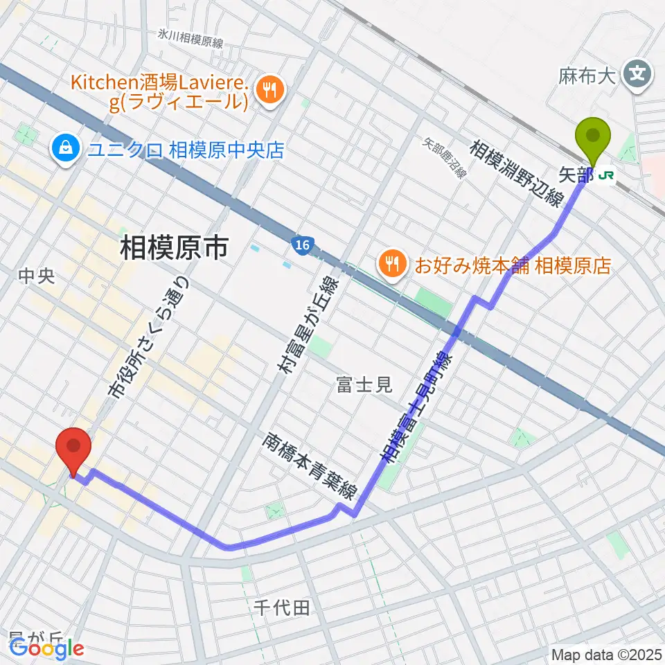 矢部駅から相模原メイプルホールへのルートマップ地図
