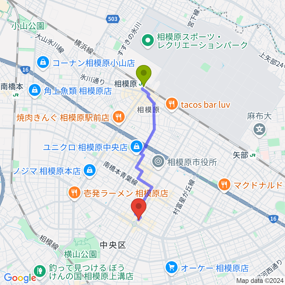 相模原駅から相模原メイプルホールへのルートマップ地図