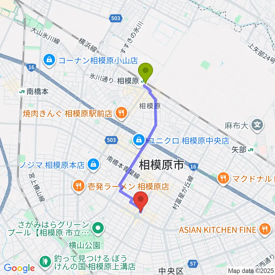 相模原駅から相模原メイプルホールへのルートマップ地図