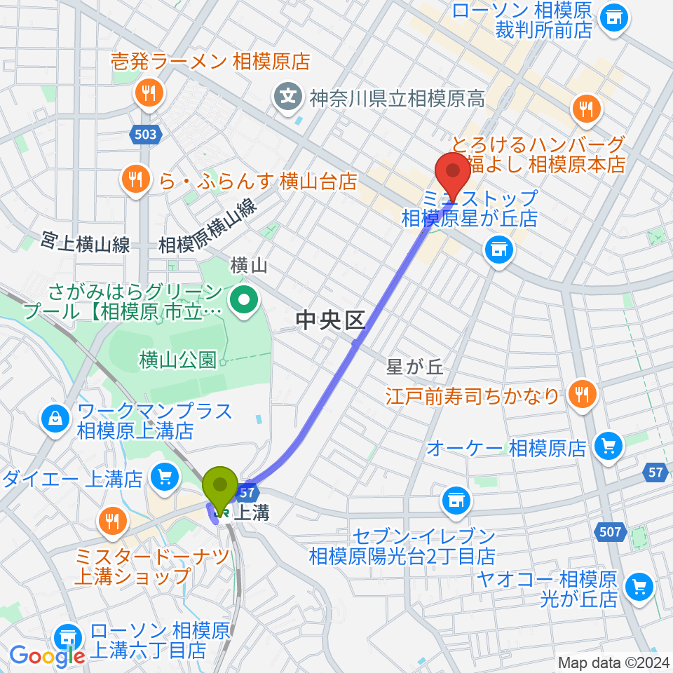 相模原メイプルホールの最寄駅上溝駅からの徒歩ルート（約18分）地図