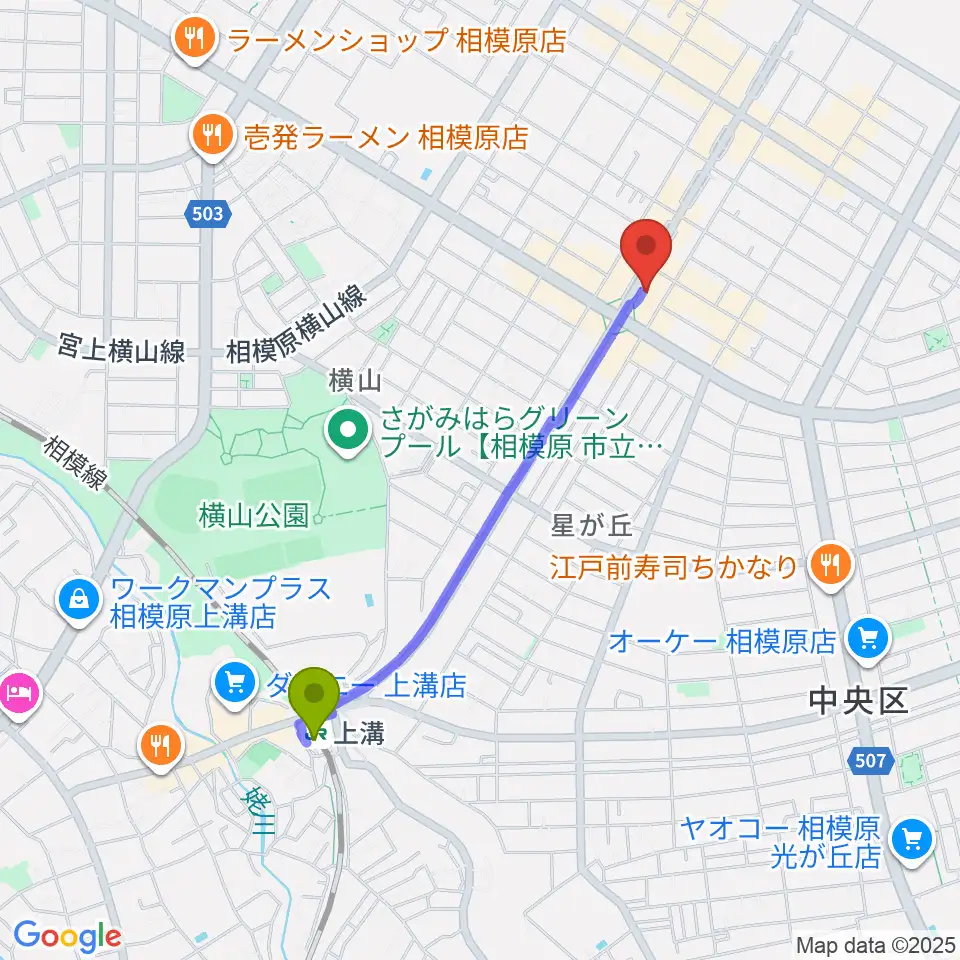 相模原メイプルホールの最寄駅上溝駅からの徒歩ルート（約18分）地図