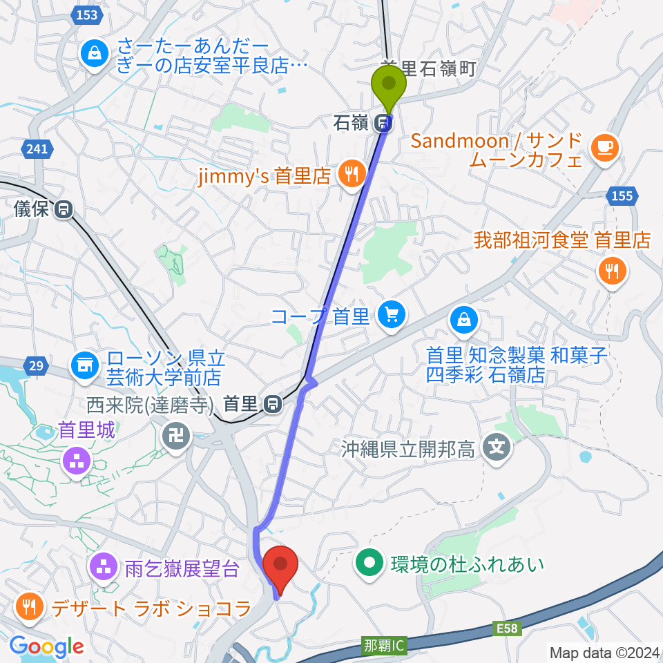 石嶺駅からアルテ赤田ギャラリーホールへのルートマップ地図