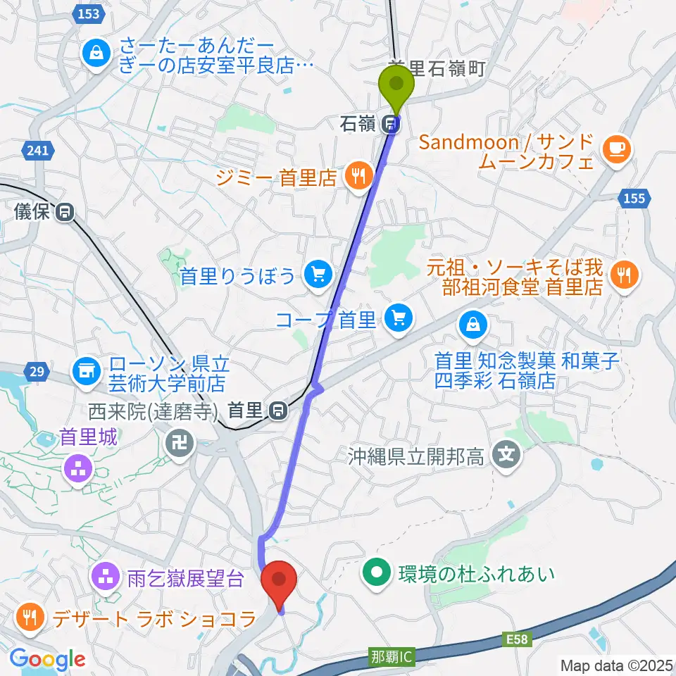 石嶺駅からアルテウォーバAホールへのルートマップ地図