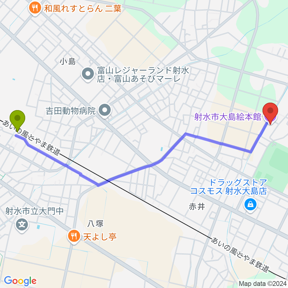 射水市大島絵本館の最寄駅越中大門駅からの徒歩ルート（約27分）地図