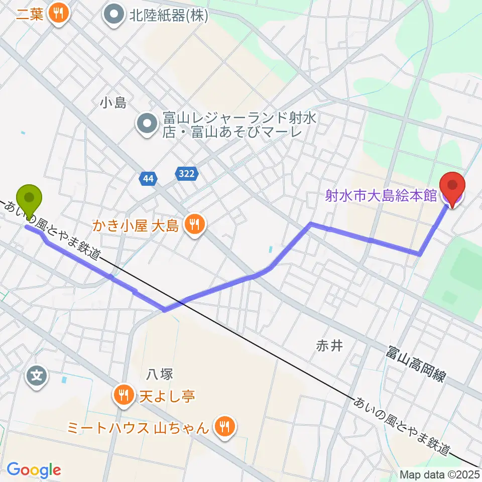 射水市大島絵本館の最寄駅越中大門駅からの徒歩ルート（約27分）地図