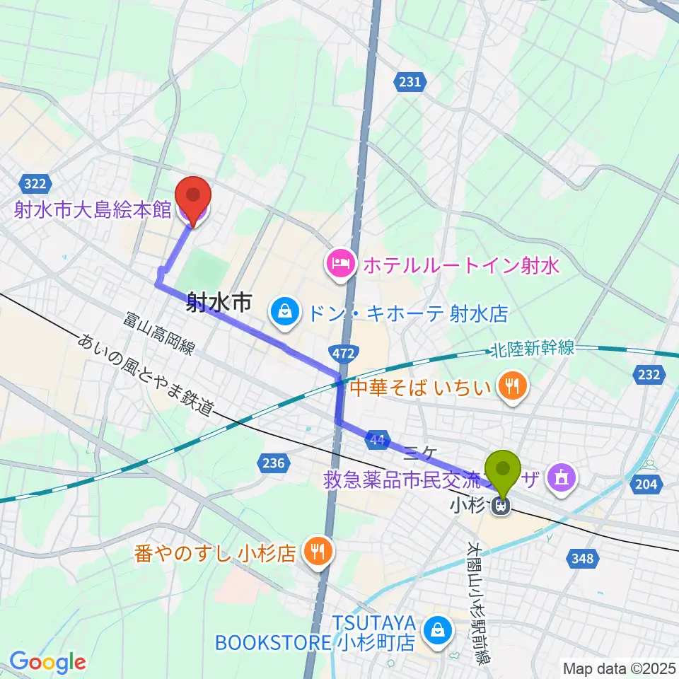 小杉駅から射水市大島絵本館へのルートマップ地図