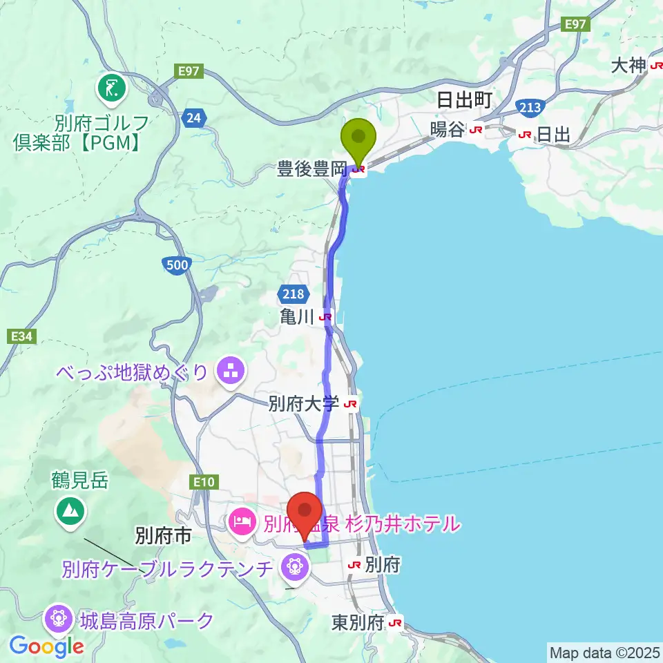 豊後豊岡駅からしいきアルゲリッチハウスへのルートマップ地図
