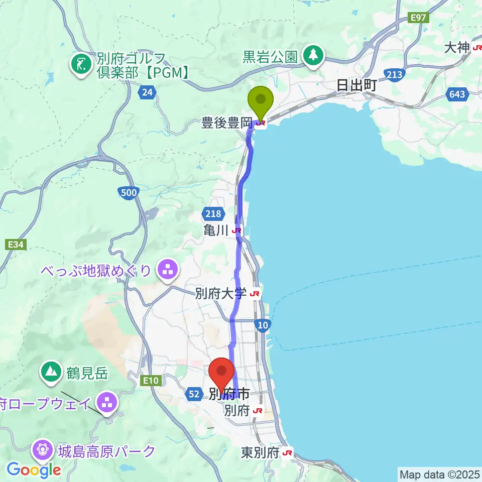 豊後豊岡駅からしいきアルゲリッチハウスへのルートマップ地図