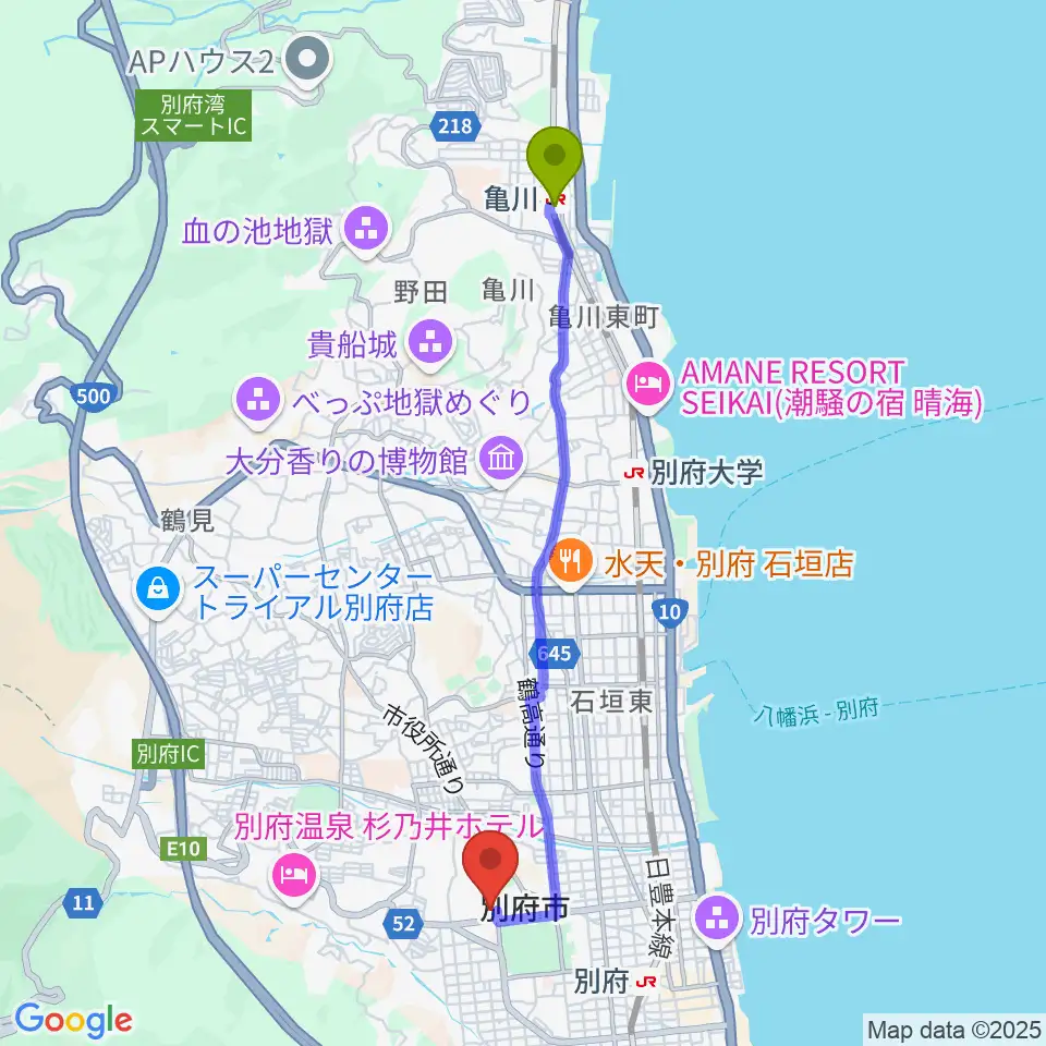 亀川駅からしいきアルゲリッチハウスへのルートマップ地図