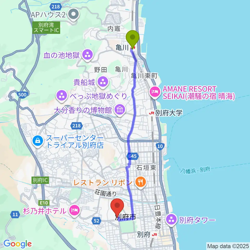 亀川駅からしいきアルゲリッチハウスへのルートマップ地図