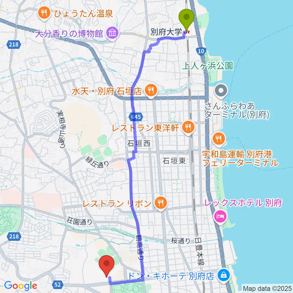別府大学駅からしいきアルゲリッチハウスへのルートマップ地図