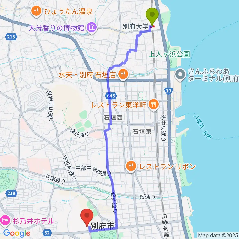 別府大学駅からしいきアルゲリッチハウスへのルートマップ地図