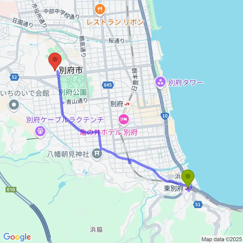 東別府駅からしいきアルゲリッチハウスへのルートマップ地図