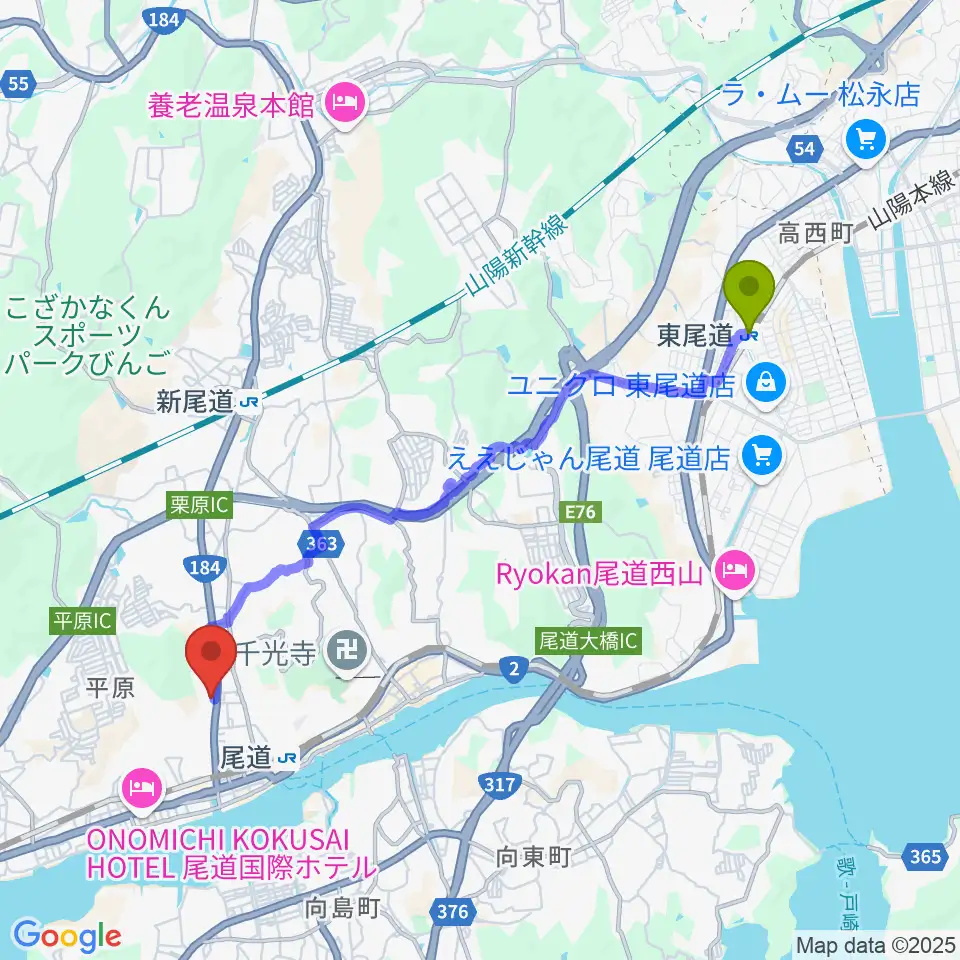 東尾道駅からなかた美術館へのルートマップ地図