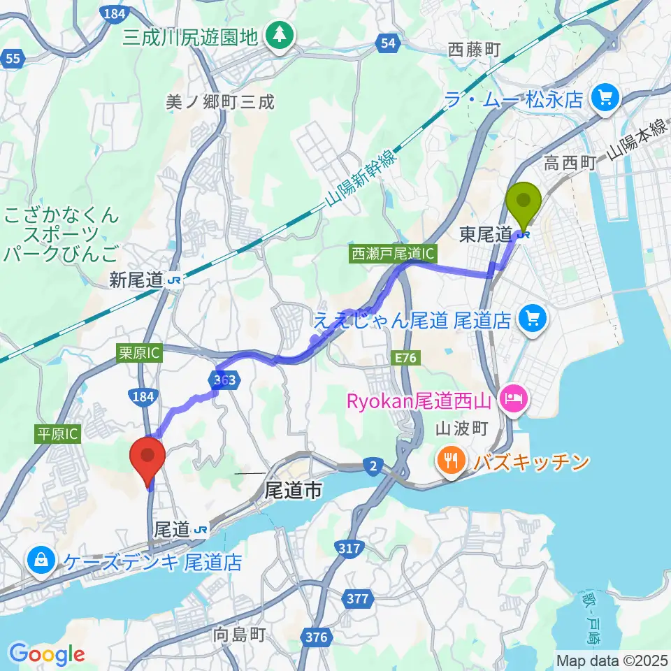 東尾道駅からなかた美術館へのルートマップ地図