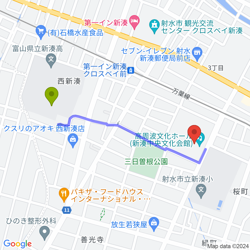 西新湊駅から高周波文化ホールへのルートマップ地図