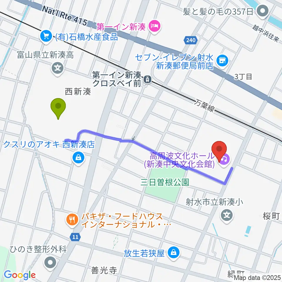 西新湊駅から高周波文化ホールへのルートマップ地図