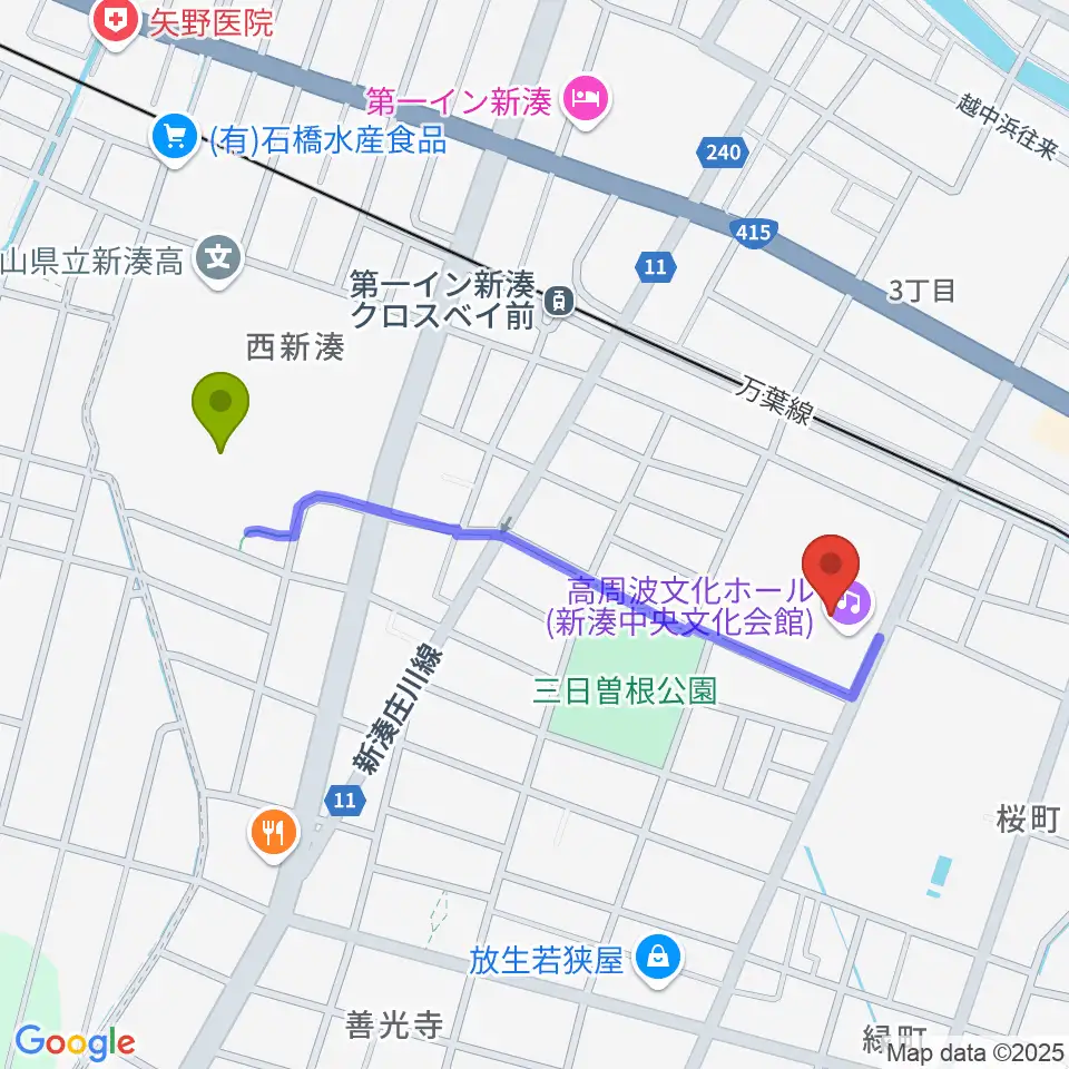 西新湊駅から高周波文化ホールへのルートマップ地図