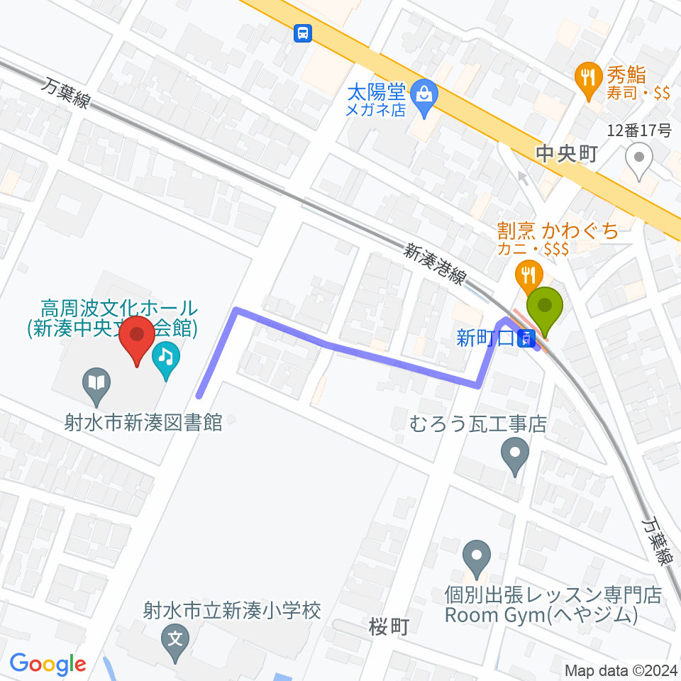 高周波文化ホールの最寄駅新町口駅からの徒歩ルート（約5分）地図