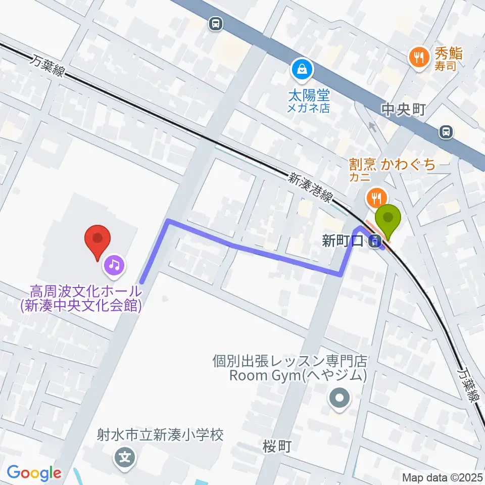 高周波文化ホールの最寄駅新町口駅からの徒歩ルート（約5分）地図